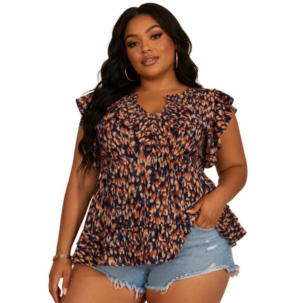 WD-NY Charlotte Blouse Navy Orange Ikat Abstract Ruffle Peplum Top 2X NWOT